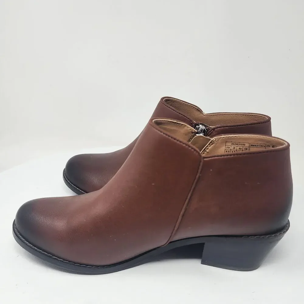 Vionic Jolene Bootie Women 6.5 Brown Leather Burnished Toe Side Zip Boots VS350